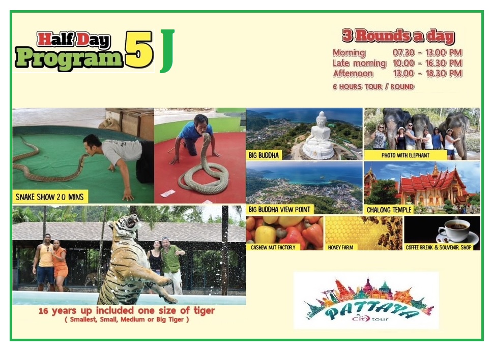 Program : 5 - Tiger Kingdom + Snakw Show + Big Buddha + Chalong Temple + Take Photo With Elephant Baby + Cashew Nut Factory + Honey Farm + Coffee Break & Souvenir Shop + Hotel Transfer