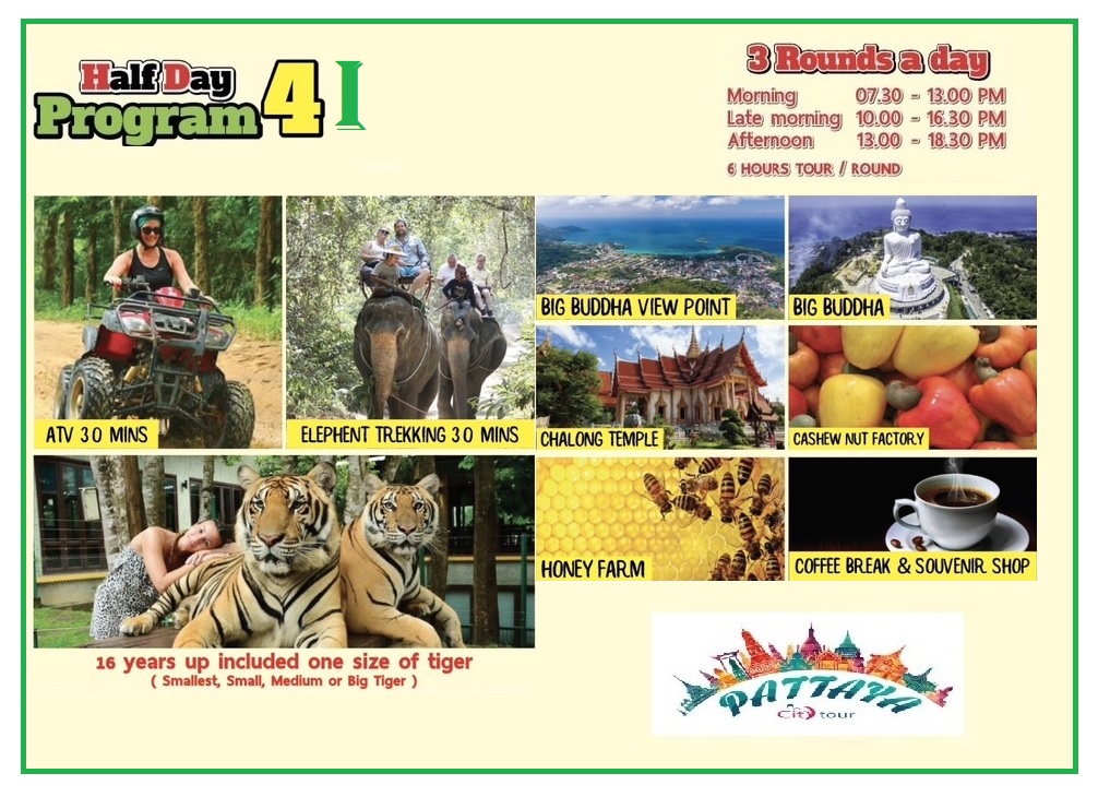 Program : 4 - Elephant Trekking + Tiger Kingdom + ATV + Big Buddha + Chalong Temple + Cashew Nut Factory + Honey Farm + Coffee Break & Souvenir Shop